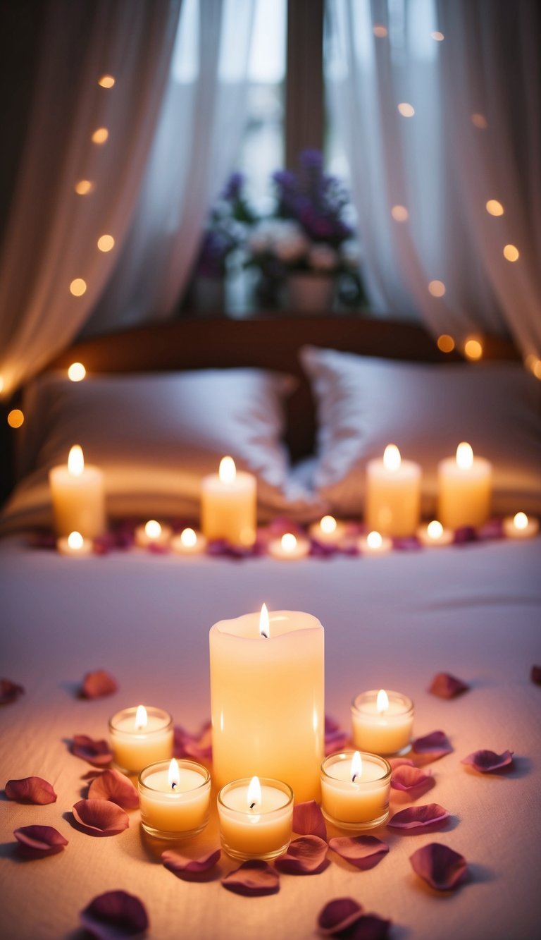 Soft candlelight illuminates a bed adorned with rose petals. A delicate scent of lavender and vanilla fills the air, creating a romantic atmosphere for couples