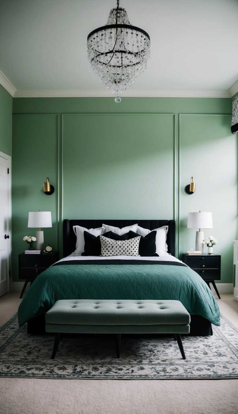 A sage green bedroom with bold black details and accents