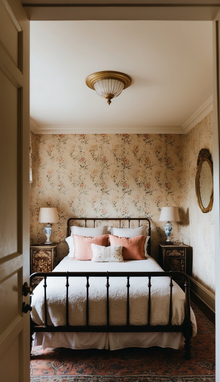 A cozy bedroom with a vintage bed frame, floral wallpaper, and antique bedside tables. A warm color palette and soft lighting create a romantic atmosphere