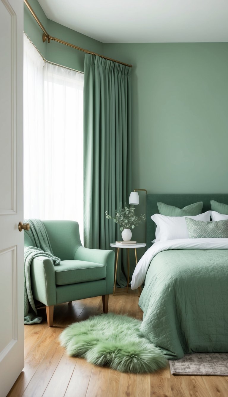 A serene bedroom with sage green walls, bedding, and curtains. A cozy armchair sits in the corner, with a fluffy sage green rug on the wooden floor