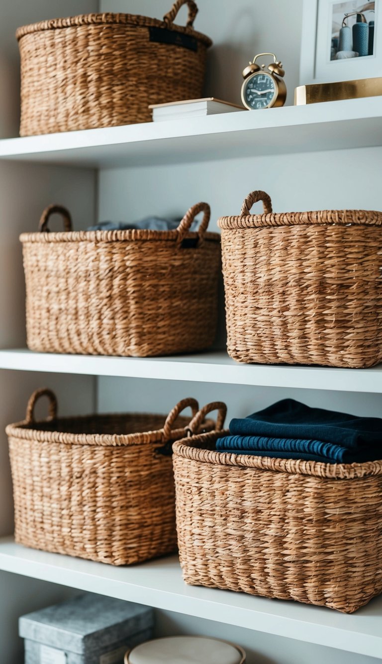 Woven baskets neatly organize bedroom items on a shelf