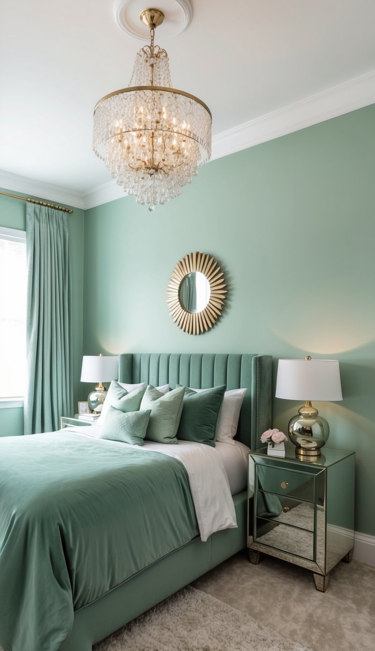 A sage green bedroom with metallic accents, including a shimmering chandelier, mirrored nightstands, and a plush velvet sage green bedspread