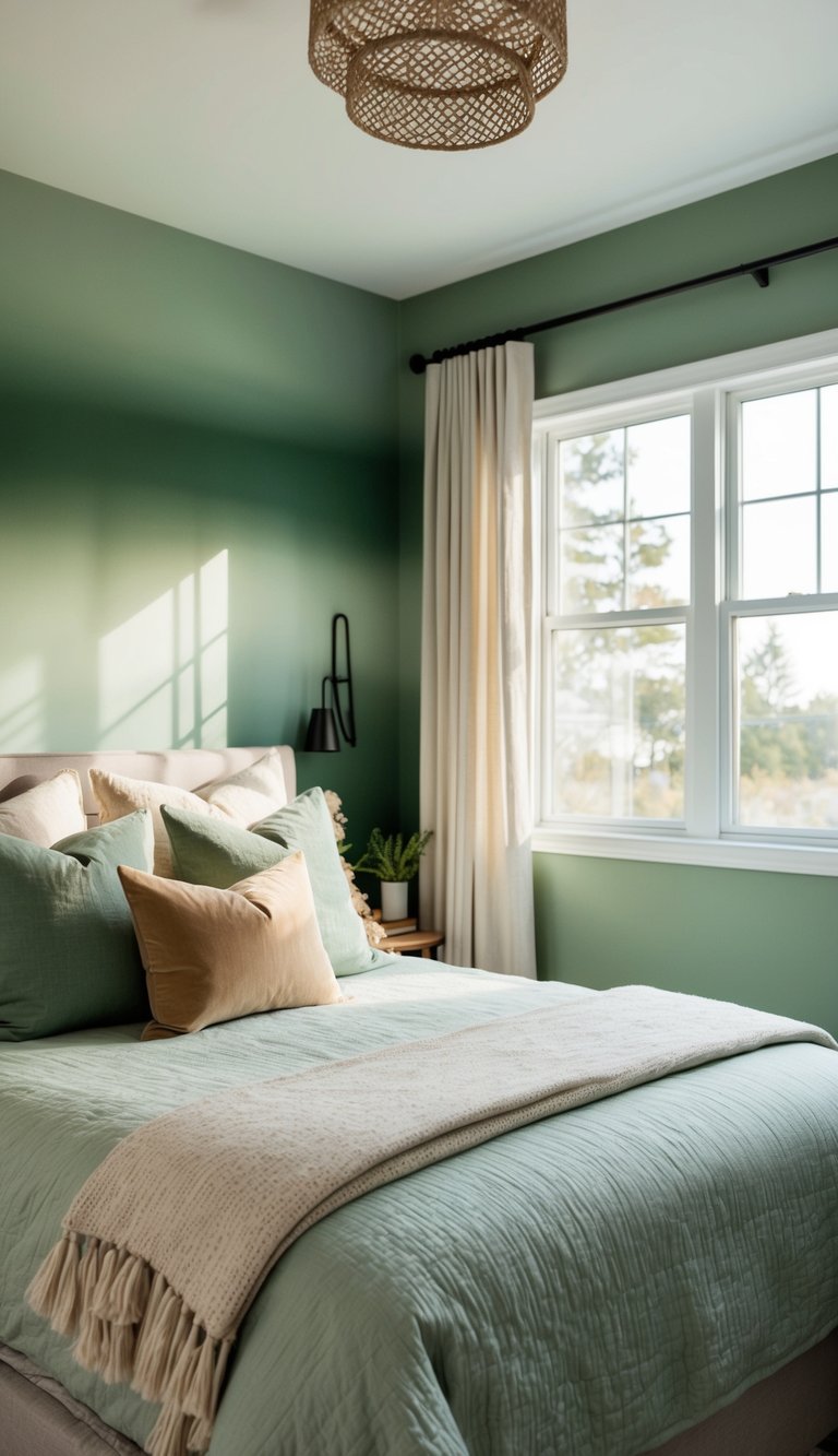 A cozy bedroom with a sage green ombre wall, adorned with soft, earthy-toned decor and natural light streaming through the window