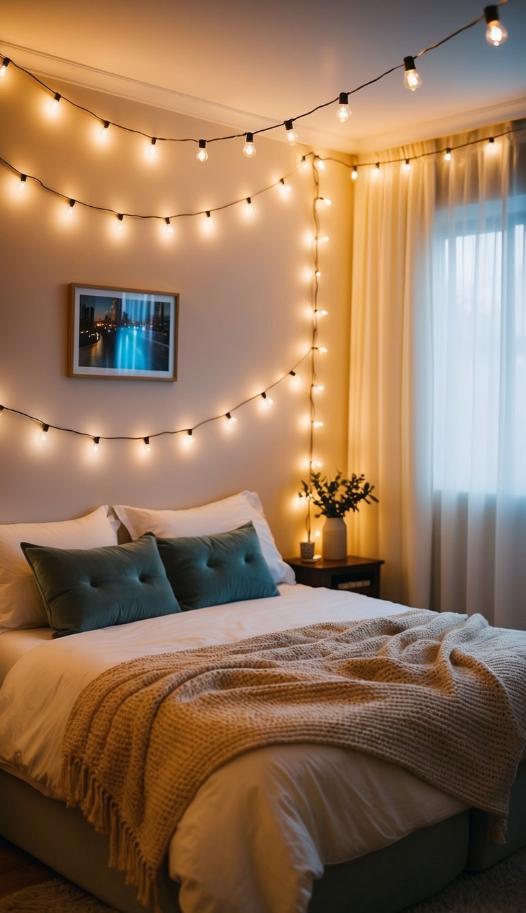 Soft glow of string lights illuminates a cozy bedroom, creating a romantic ambiance for couples