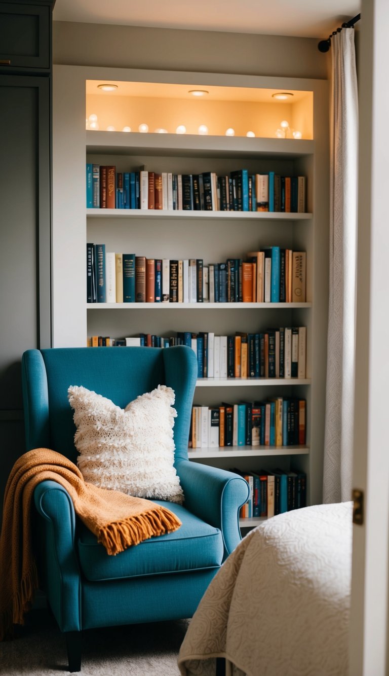 A cozy reading nook in a bedroom, with a comfortable armchair, soft throw pillows, a warm blanket, and a small bookshelf filled with books