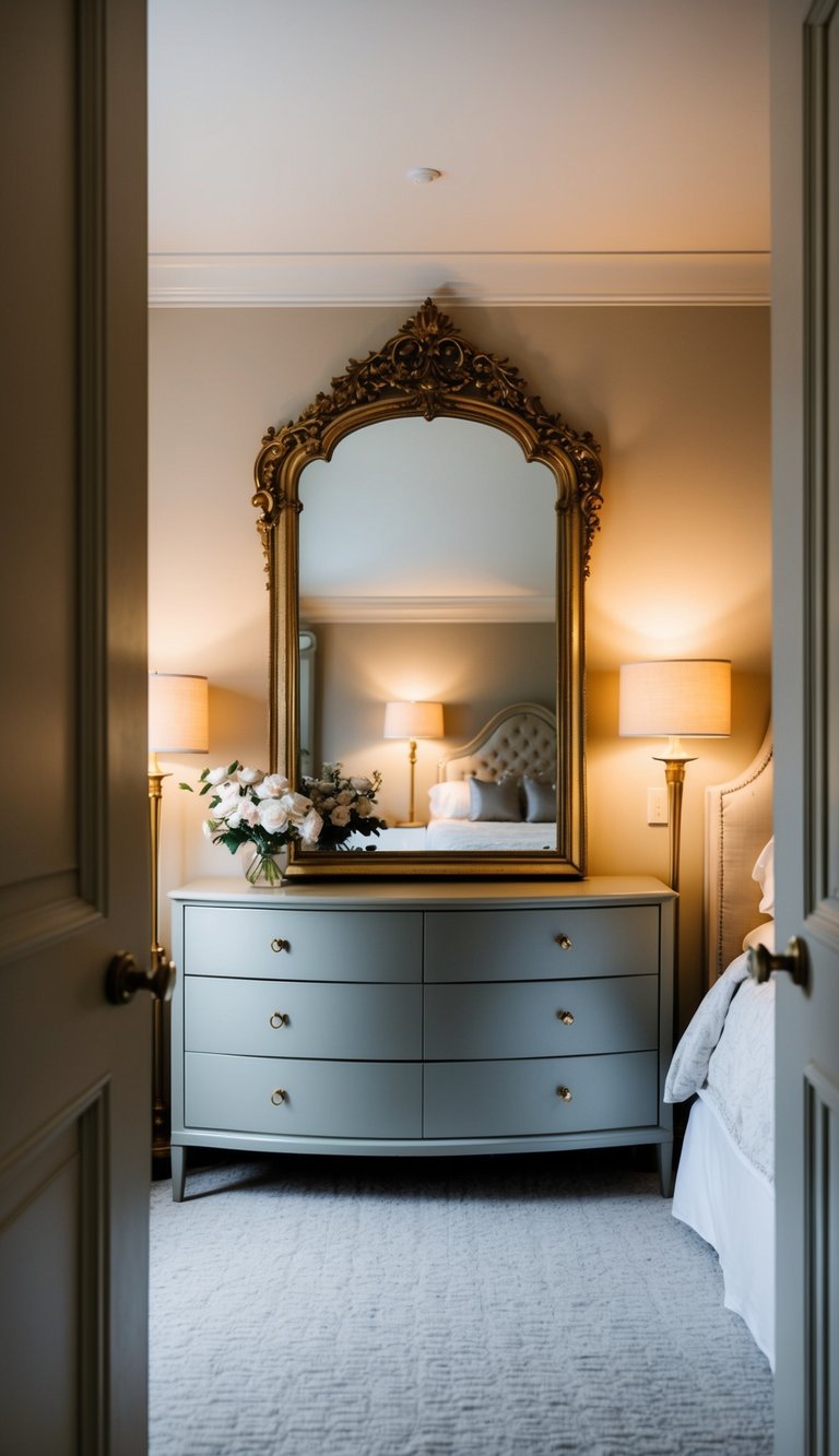 A cozy bedroom with a large, ornate mirror above a sleek dresser. The room is filled with soft lighting and elegant decor, creating a romantic atmosphere for couples