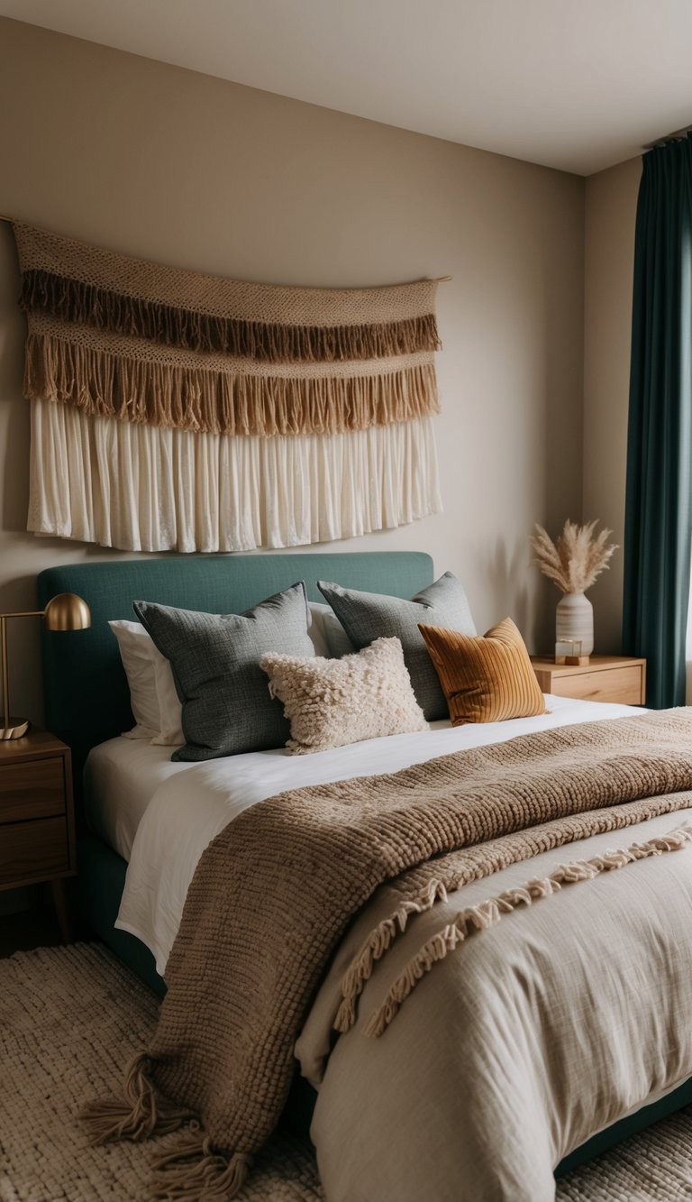 A cozy bedroom with layered fabrics in various textures and colors, creating a warm and inviting atmosphere for couples