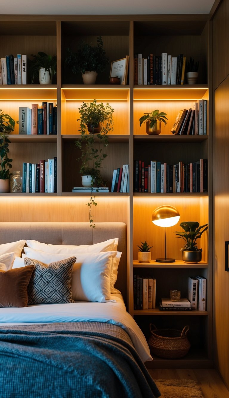 A cozy bedroom with built-in shelves filled with books, plants, and decorative items. Warm lighting and a comfortable bed create a romantic atmosphere