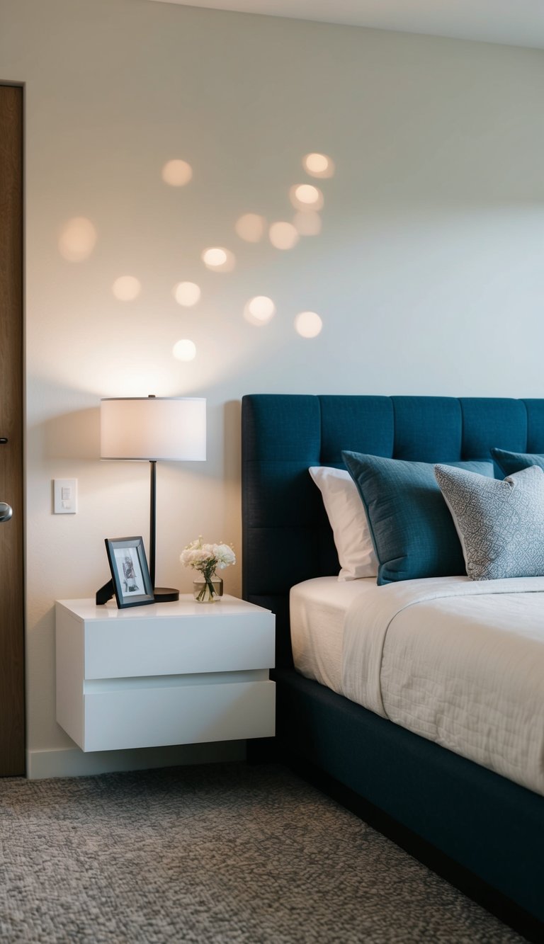 Two floating nightstands flank a modern bed in a cozy couple's bedroom