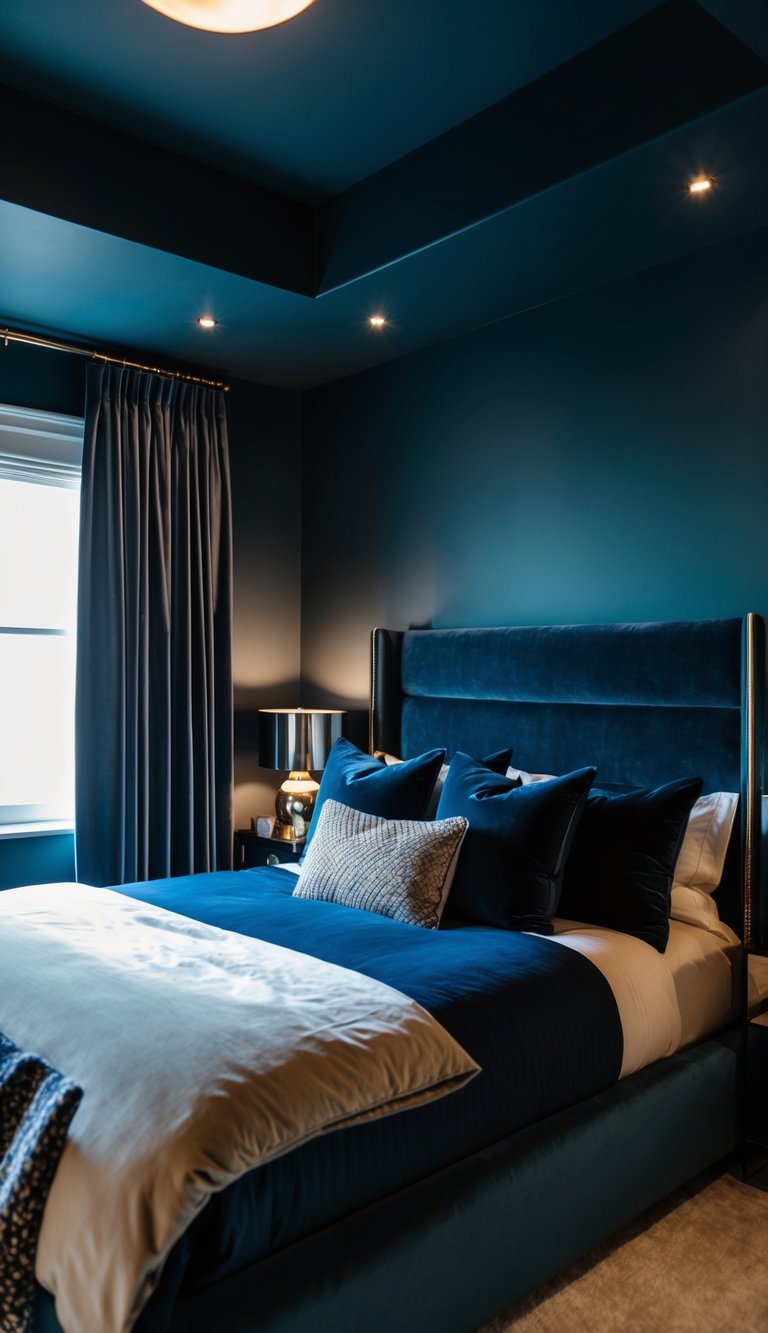 A cozy dark blue bedroom with a plush bed, velvet curtains, and metallic accents. A large window lets in soft moonlight, creating a serene atmosphere