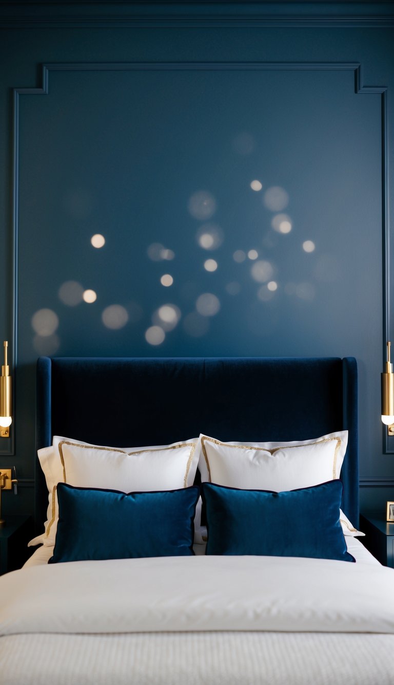 A navy velvet headboard stands against a dark blue bedroom wall, surrounded by luxurious decor and soft lighting