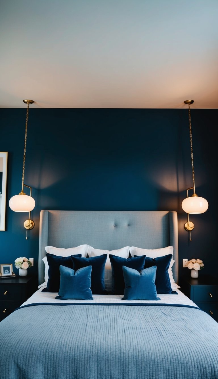 A cozy bedroom with a midnight blue accent wall, complemented by soft lighting and dark blue decor