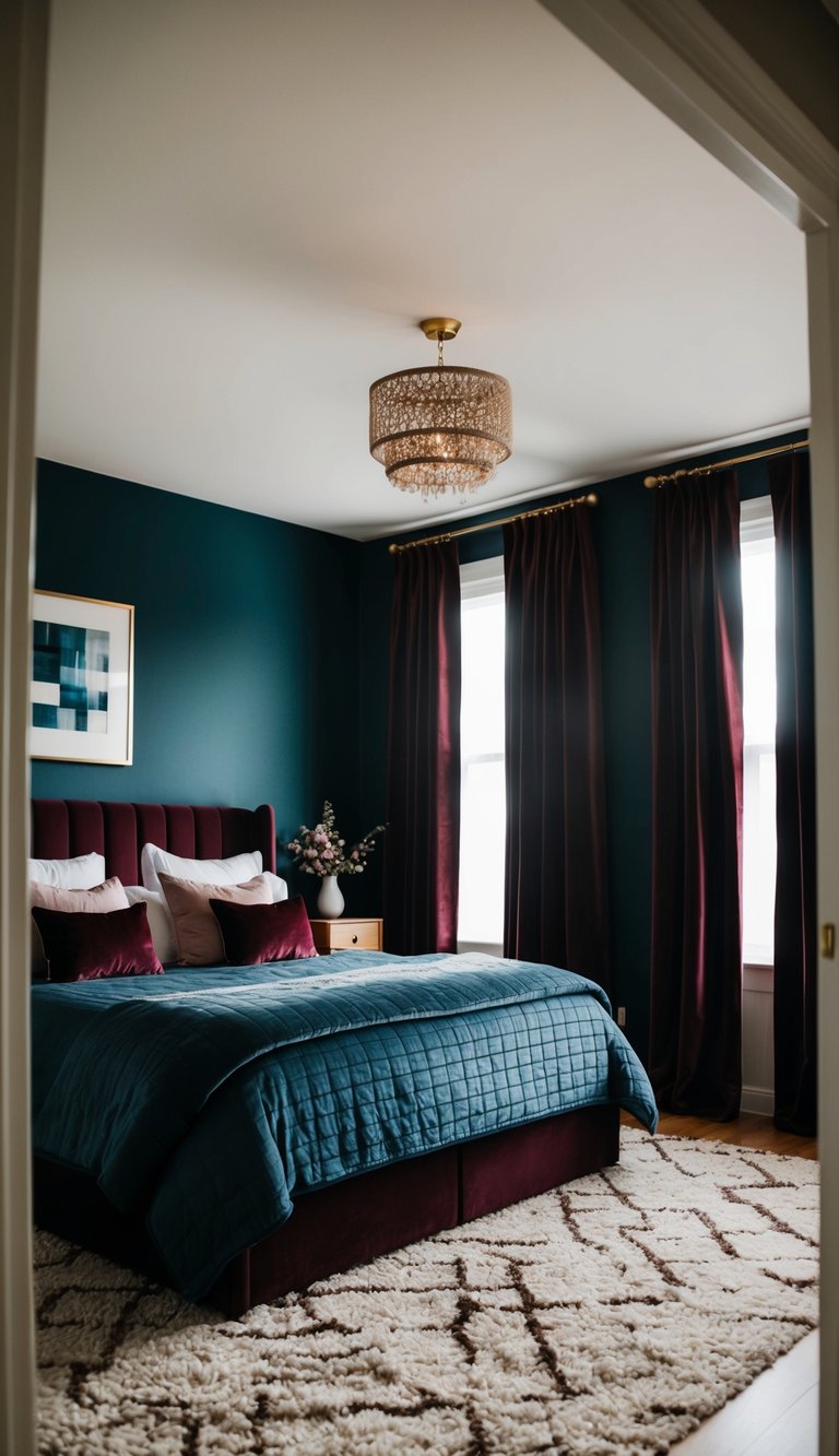 A cozy bedroom with dark blue walls and burgundy accents. A plush rug, velvet curtains, and a comfortable bed create a warm and inviting atmosphere