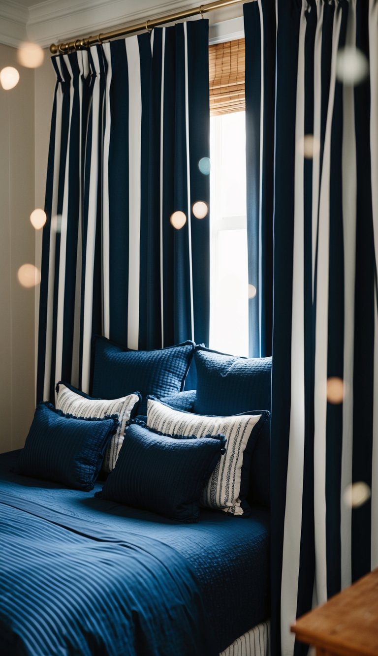 A cozy bedroom with navy striped curtains, dark blue bedding, and matching decor