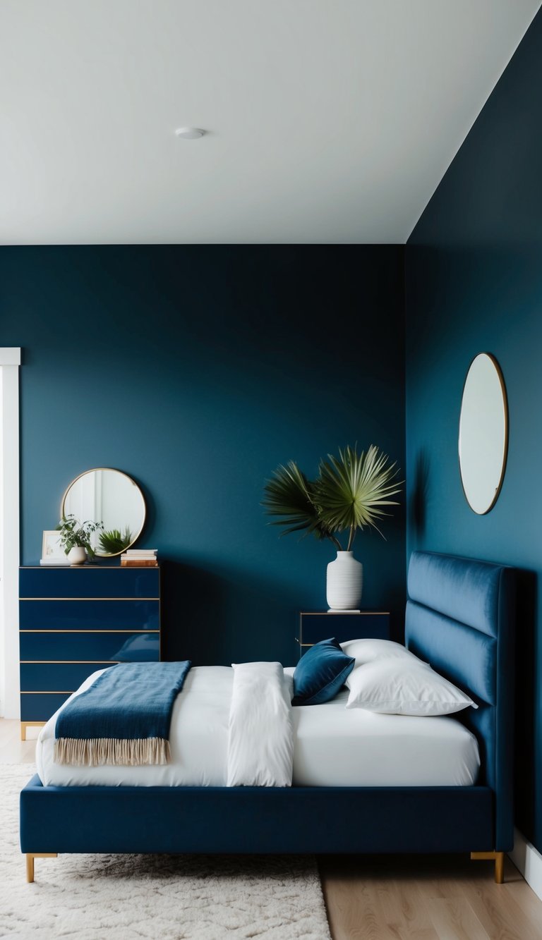 A sleek navy bed and matching dresser in a minimalist bedroom with dark blue walls and simple decor