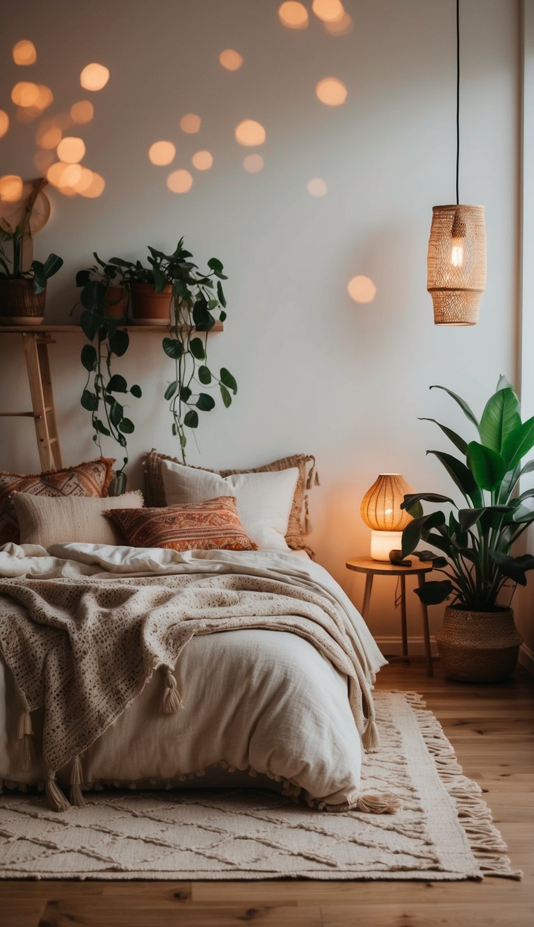 A cozy bohemian bedroom with layered textiles, plants, and warm lighting