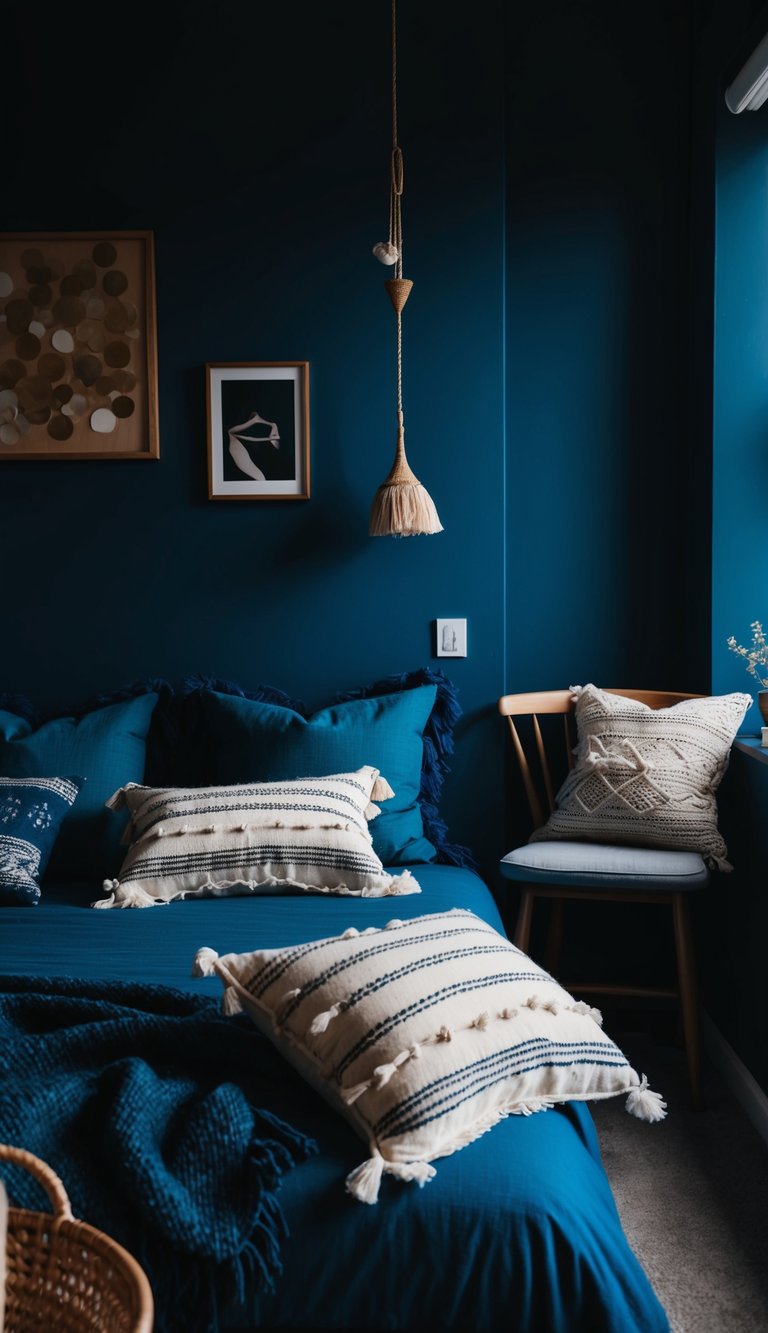 A cozy dark blue bedroom with bohemian throw pillows scattered on the bed and a few placed on a nearby chair or window seat