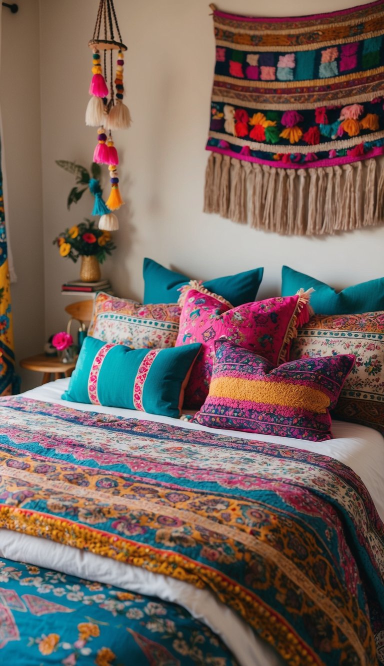 A cozy boho bedroom with vibrant, patterned bedding, layered with colorful throw pillows and a mix of eclectic textiles