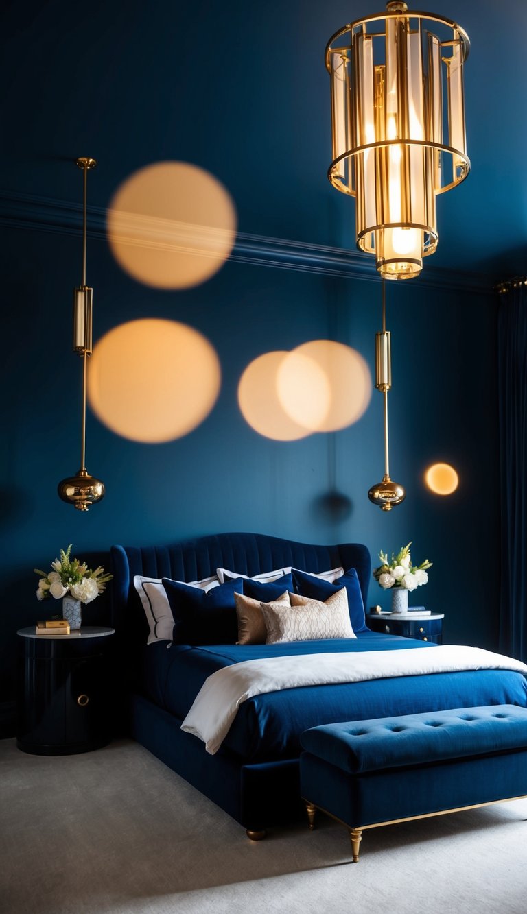 A dark blue bedroom with elegant navy and gold light fixtures casting a warm glow over the room's luxurious decor