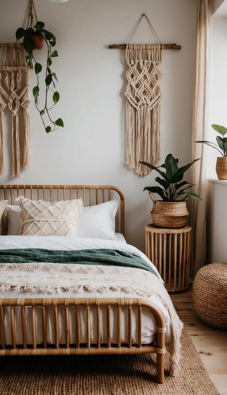 A cozy boho bedroom with a wooden bed frame, rattan furniture, and natural fiber textiles. Plants and macramé wall hangings add to the earthy, organic feel