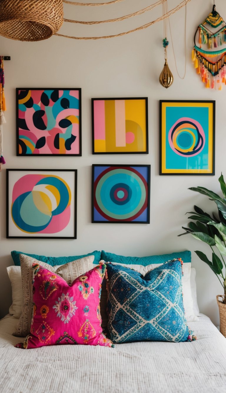 Oversized art pieces hang on the wall in a boho bedroom, creating a vibrant and eclectic atmosphere