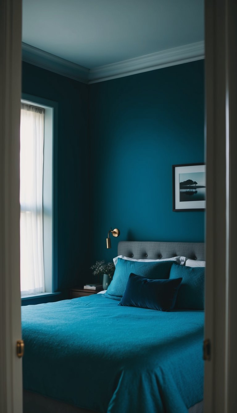 A dimly lit bedroom with deep blue walls, casting a moody and serene atmosphere