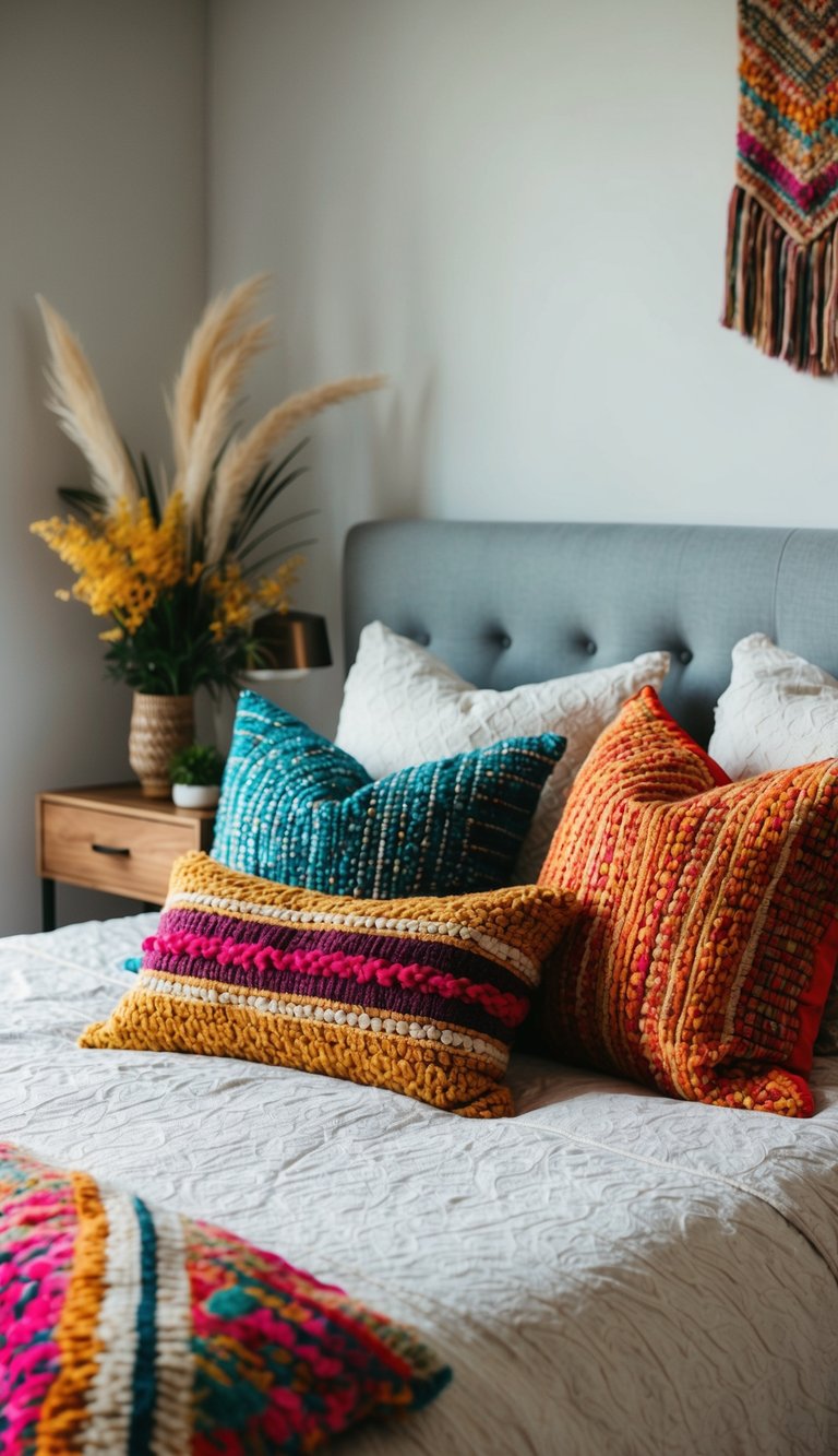 A cozy bed with colorful, textured throw pillows in a bohemian bedroom