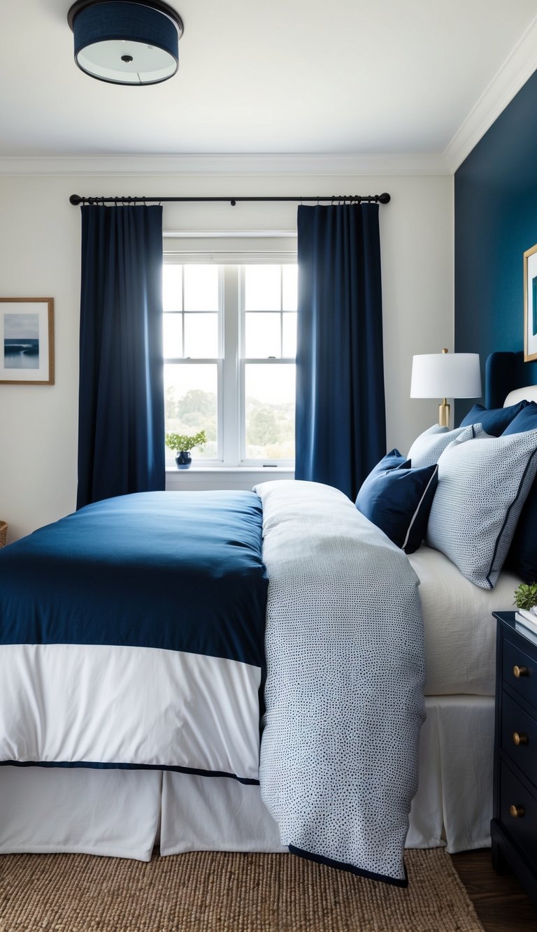 A cozy bedroom with navy and white bedding, featuring dark blue accents and a serene atmosphere