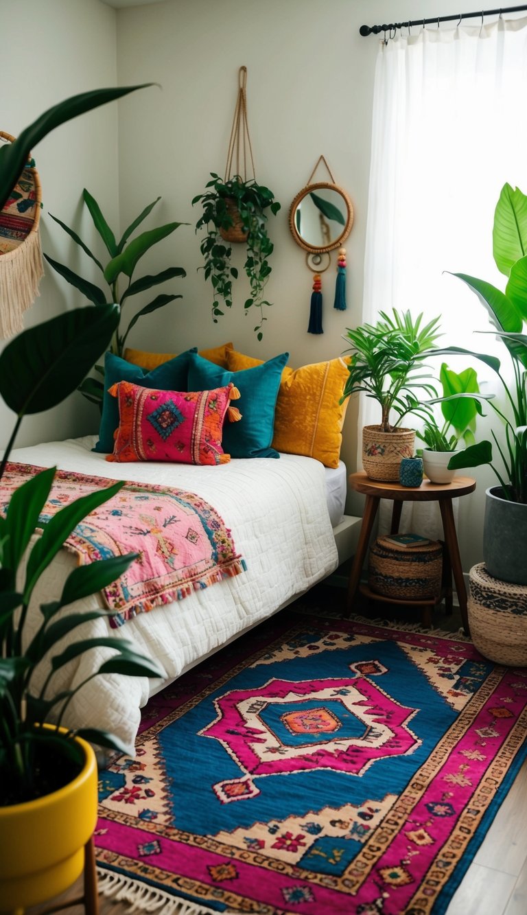 A cozy boho bedroom with a vibrant patterned area rug, surrounded by eclectic decor and green plants