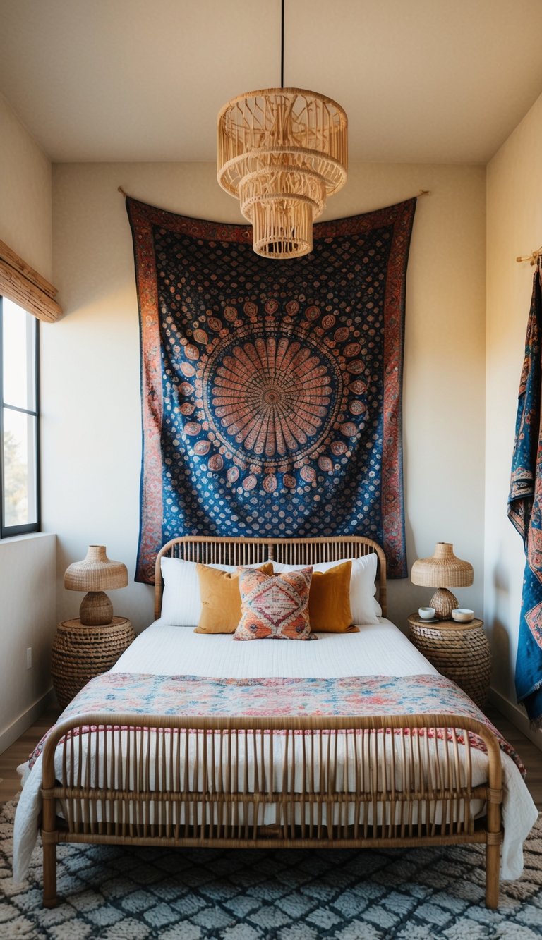 A cozy boho bedroom with a colorful tapestry, rattan furniture, and a unique light fixture hanging from the ceiling