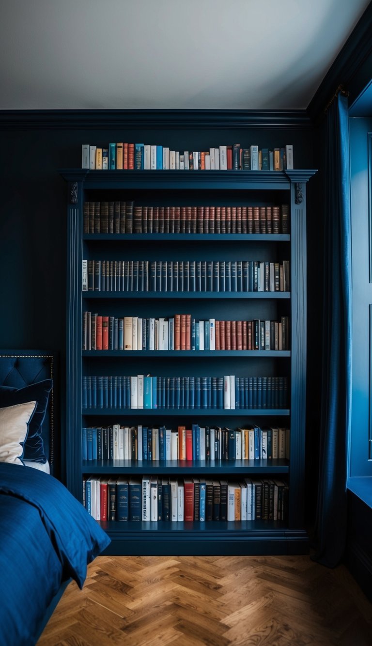 A dark blue bookcase filled with books, surrounded by dark blue bedroom decor