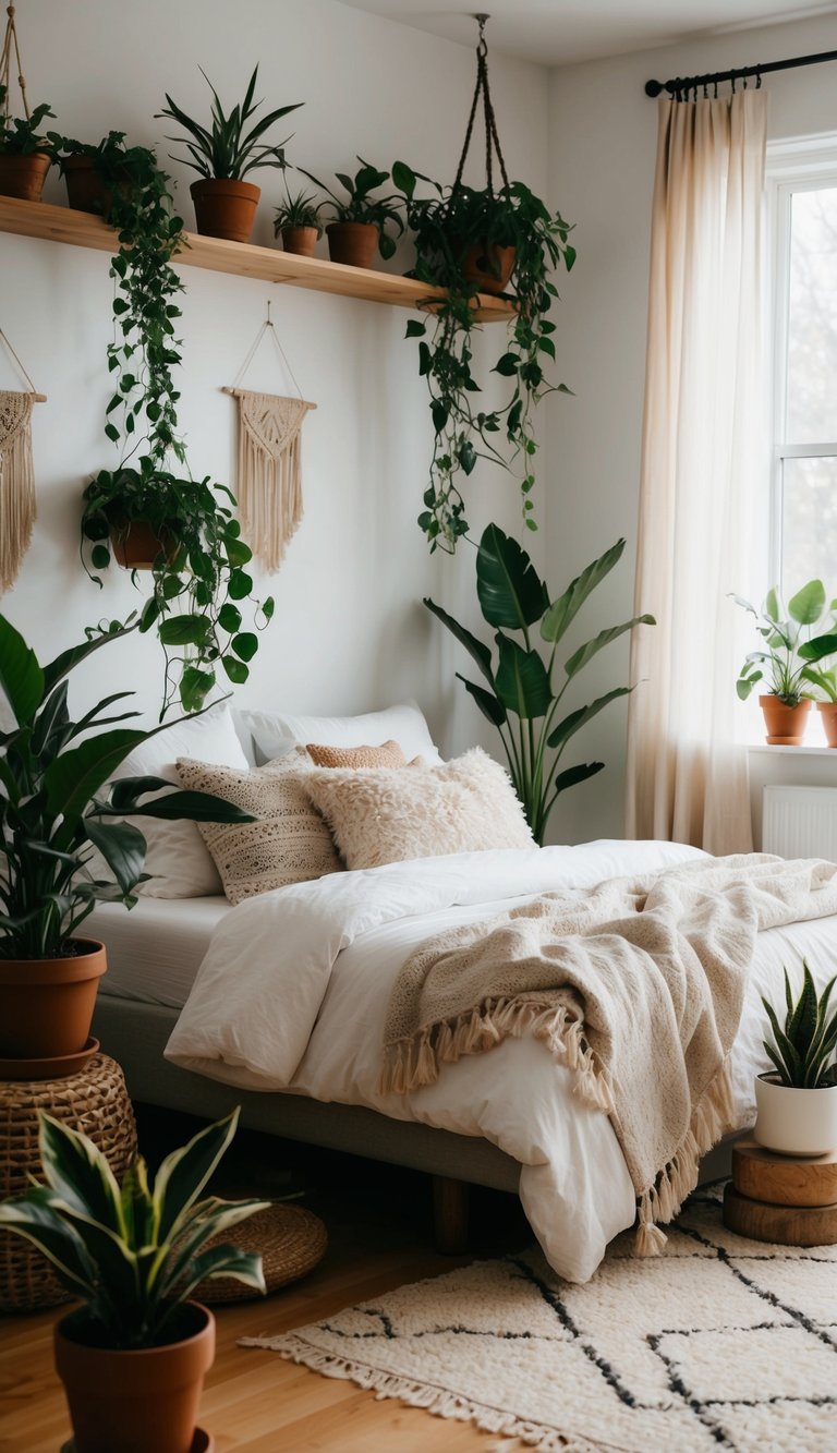 A cozy boho bedroom with various indoor plants scattered around the room, adding a touch of greenery and natural elements to the space