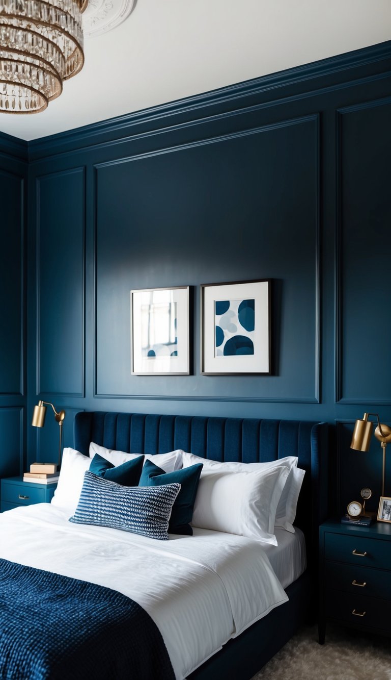 The bedroom features navy paneled walls with a dark blue color scheme creating a cozy and sophisticated atmosphere