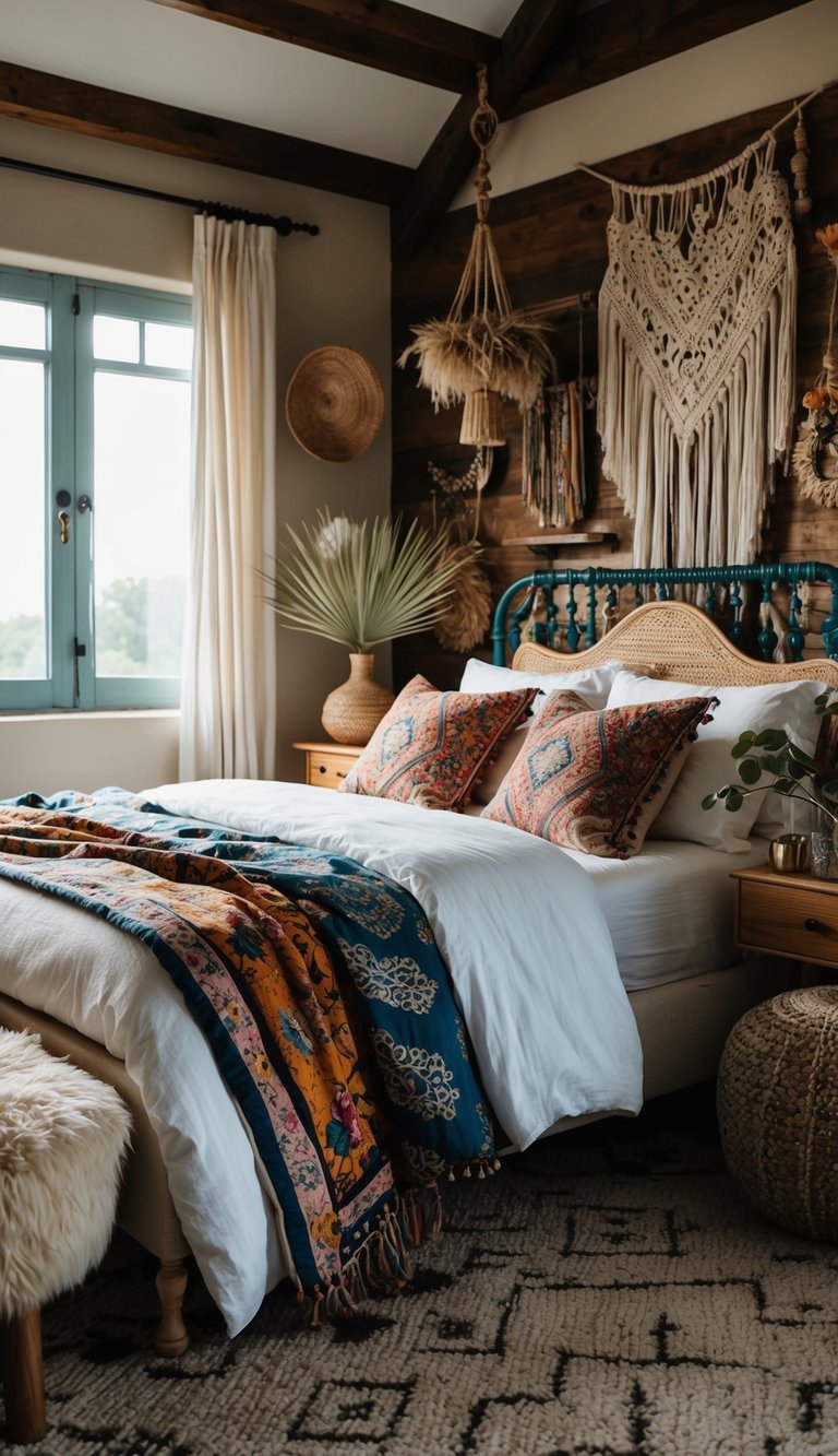 A cozy boho bedroom with eclectic furniture styles, including a mix of vibrant patterns, natural materials, and vintage pieces