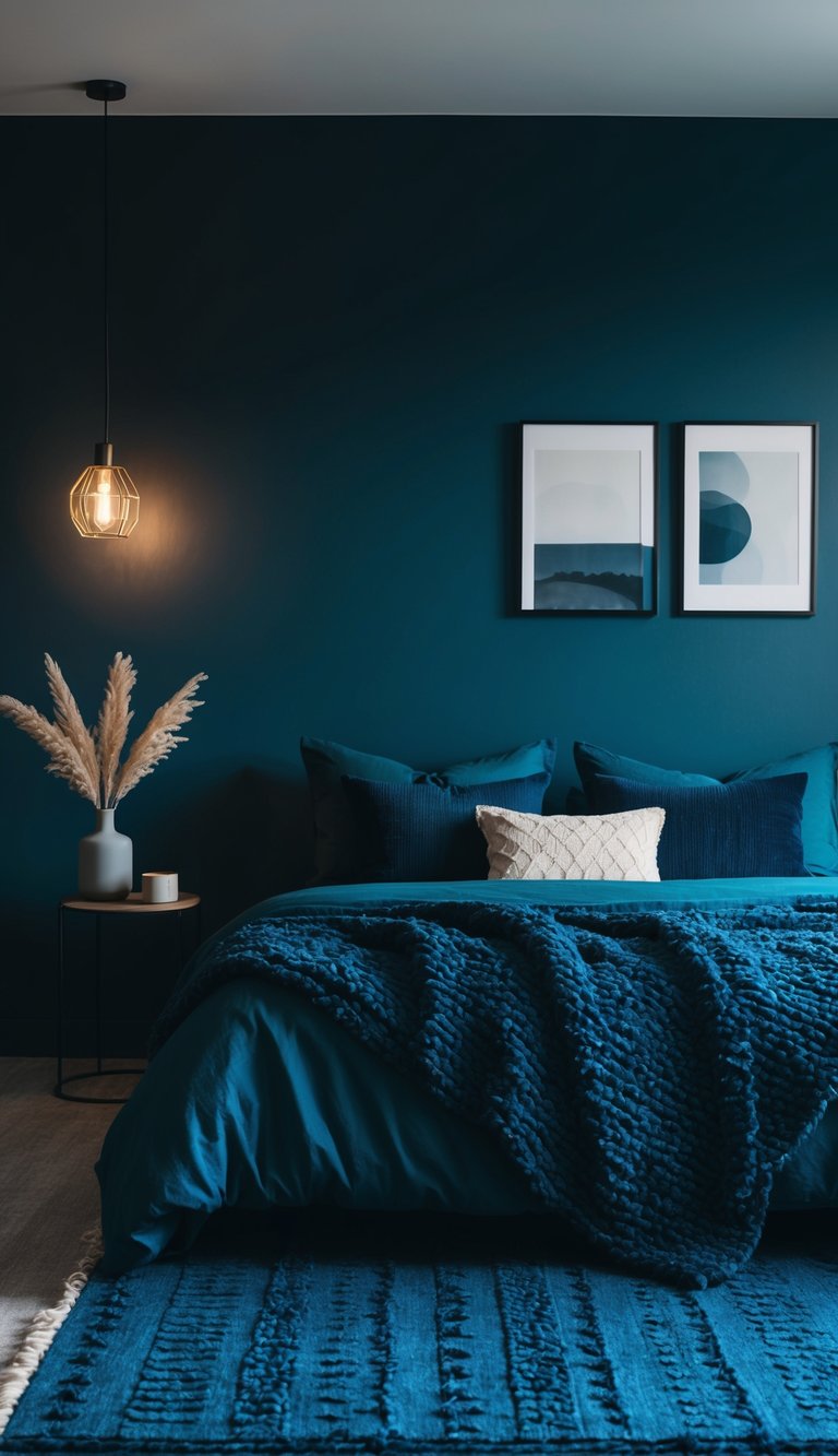 A dark blue bedroom with a textured blue rug, featuring moody lighting and minimalistic decor