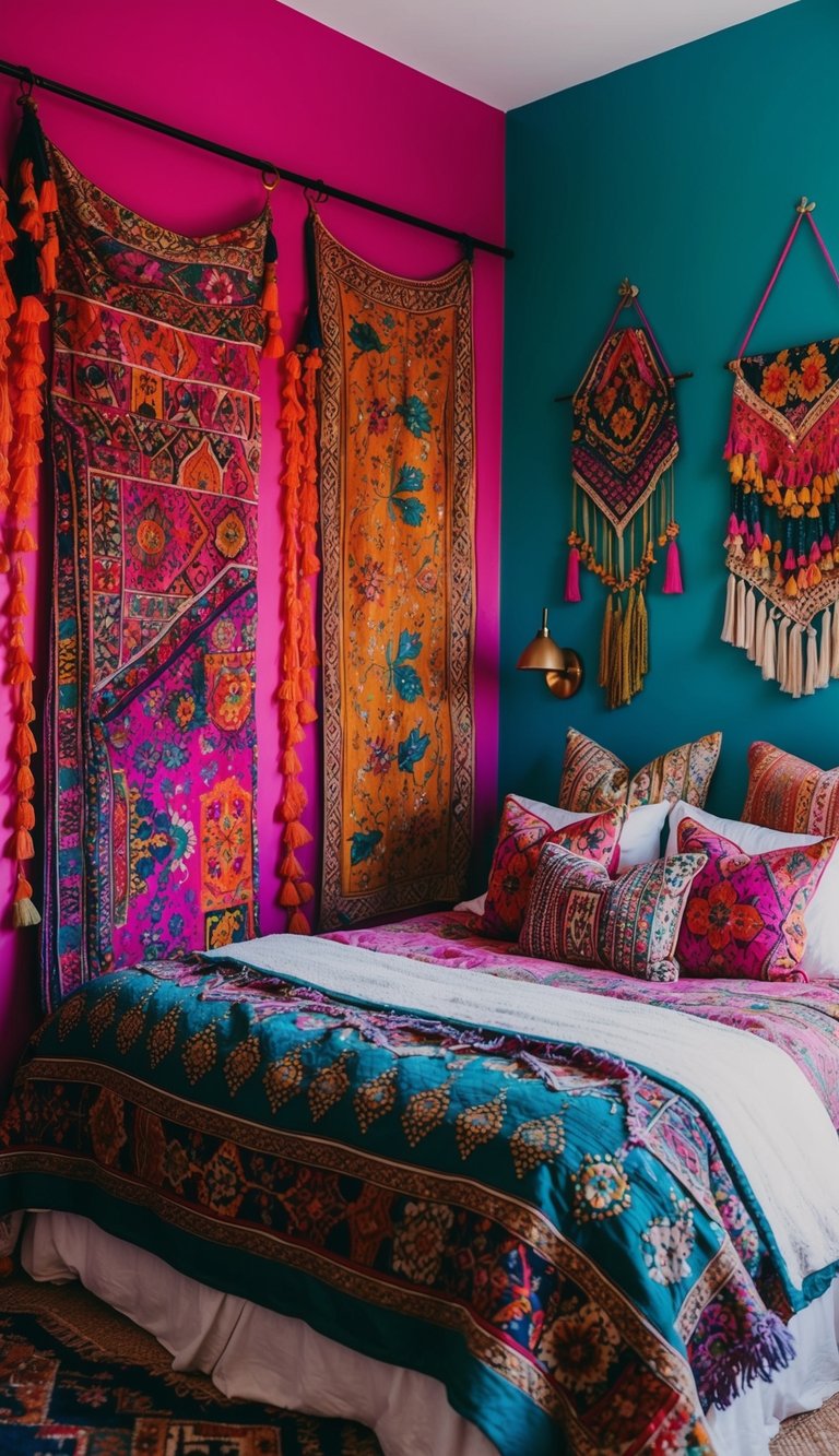 A vibrant, jewel-toned wall serves as a backdrop for a cozy boho bedroom filled with eclectic decor and lush textiles