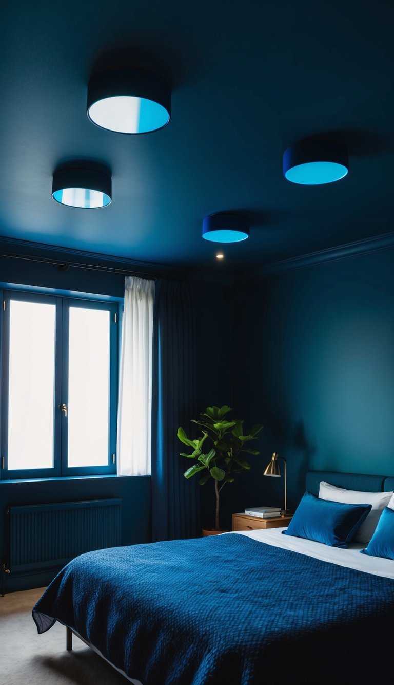 A dark blue bedroom with cobalt ceiling lights casting a cool, serene ambiance over the space