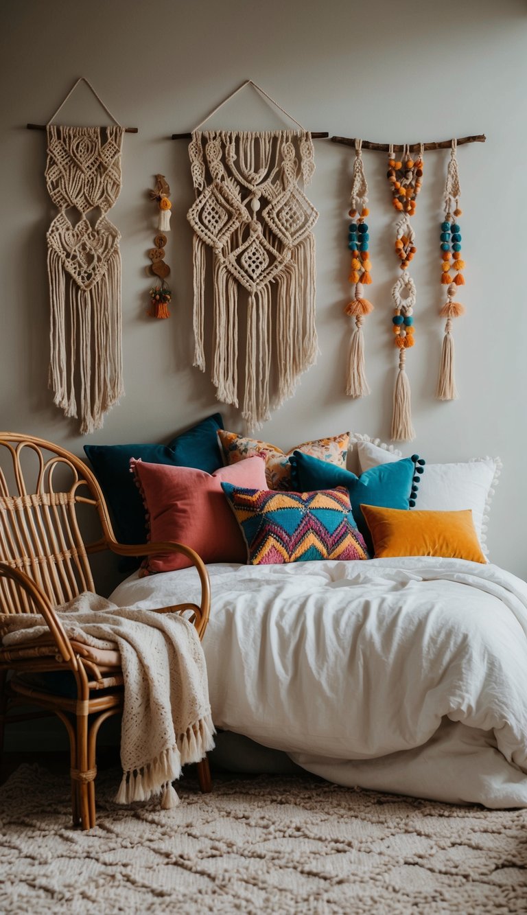 A cozy boho bedroom adorned with vintage accessories, such as a macramé wall hanging, colorful throw pillows, and a rattan chair with a cozy throw