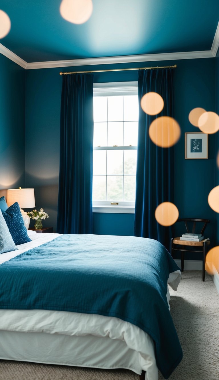 A cozy bedroom with deep blue walls, indigo drapes, and soft lighting