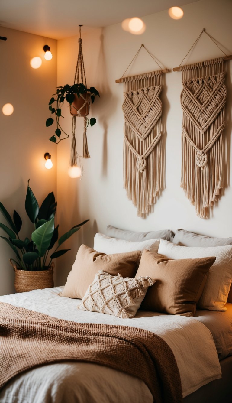 A cozy bedroom with macramé wall hangings, plants, and warm lighting