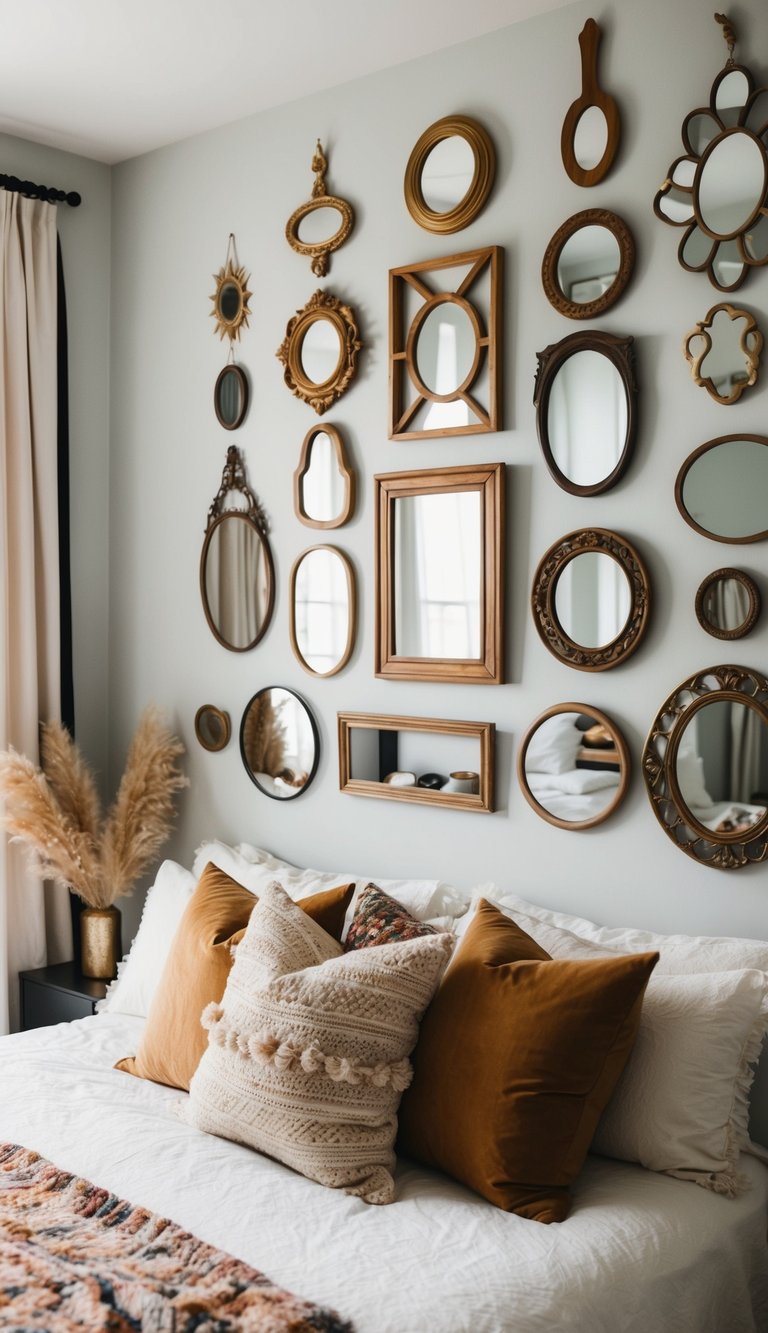 A wall adorned with an array of mirrors in various shapes and sizes, reflecting the bohemian decor of a cozy bedroom