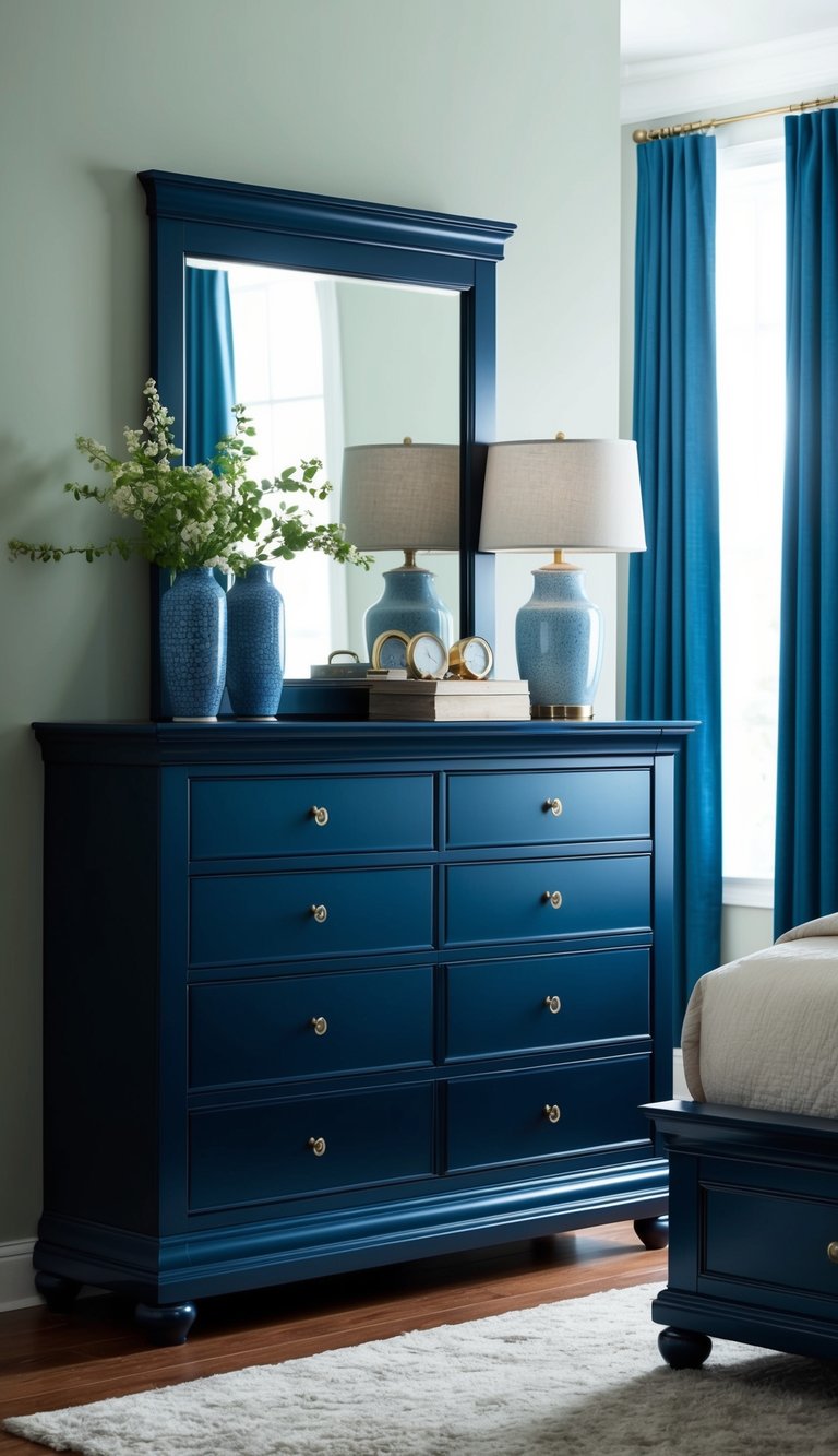 A dark blue dresser stands in a serene bedroom with matching decor