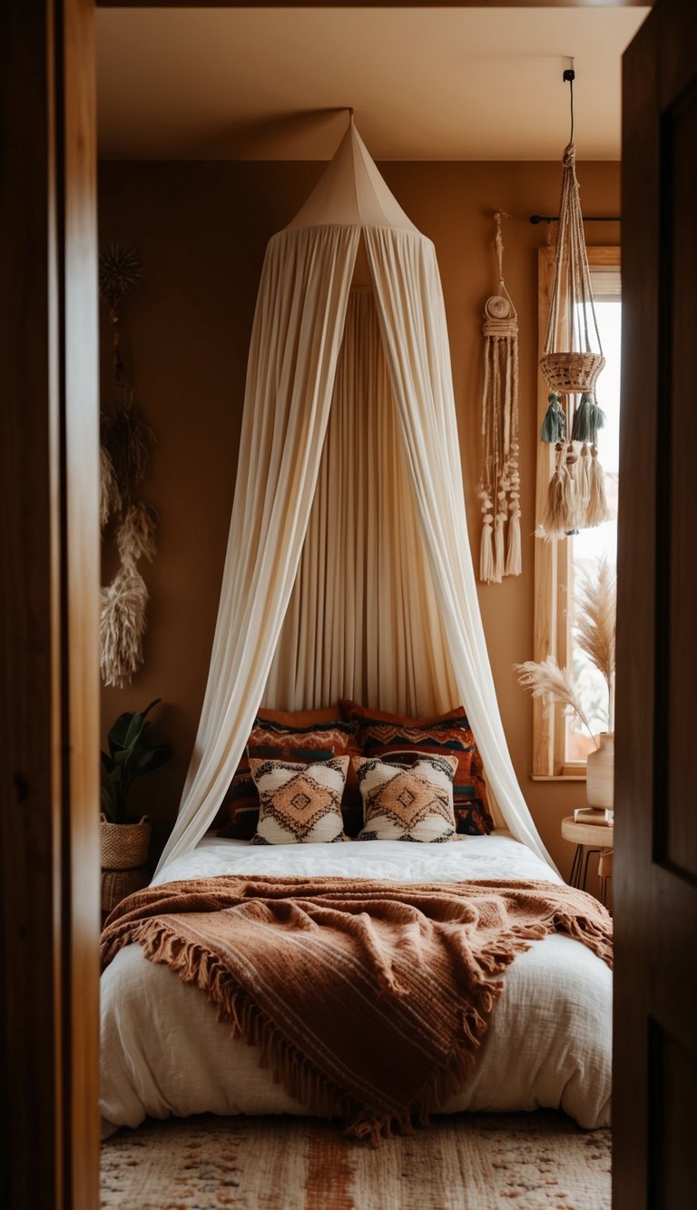 A cozy boho bedroom with a draped canopy over the bed, surrounded by warm, earthy tones and eclectic decor