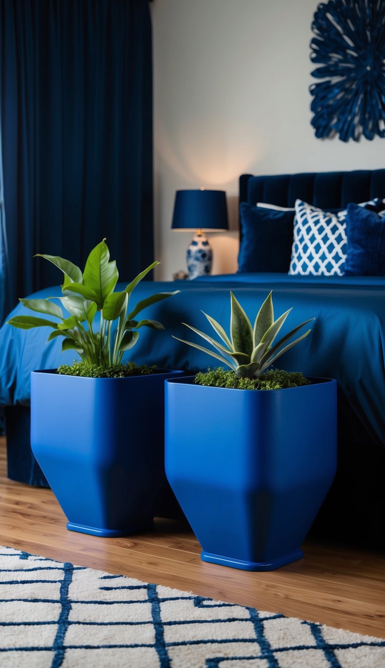 A bedroom with royal blue planters and dark blue decor