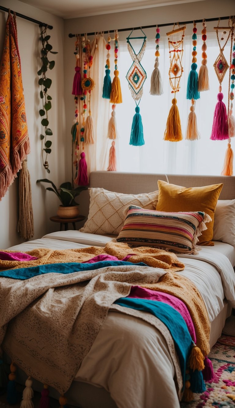 A cozy, bohemian bedroom with colorful tassels adorning blankets and curtains, creating a relaxed and eclectic atmosphere