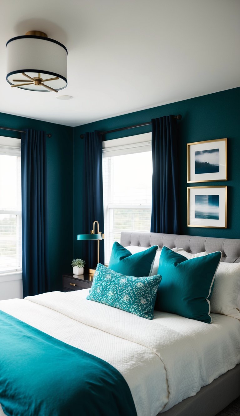 A cozy bedroom with teal and navy accents, featuring dark blue walls, a plush bed with teal pillows, and navy curtains