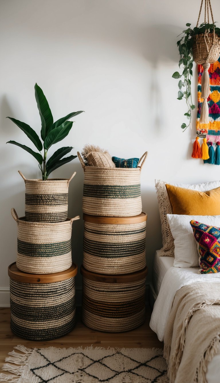 Woven storage baskets arranged in a boho bedroom, with plants and colorful textiles