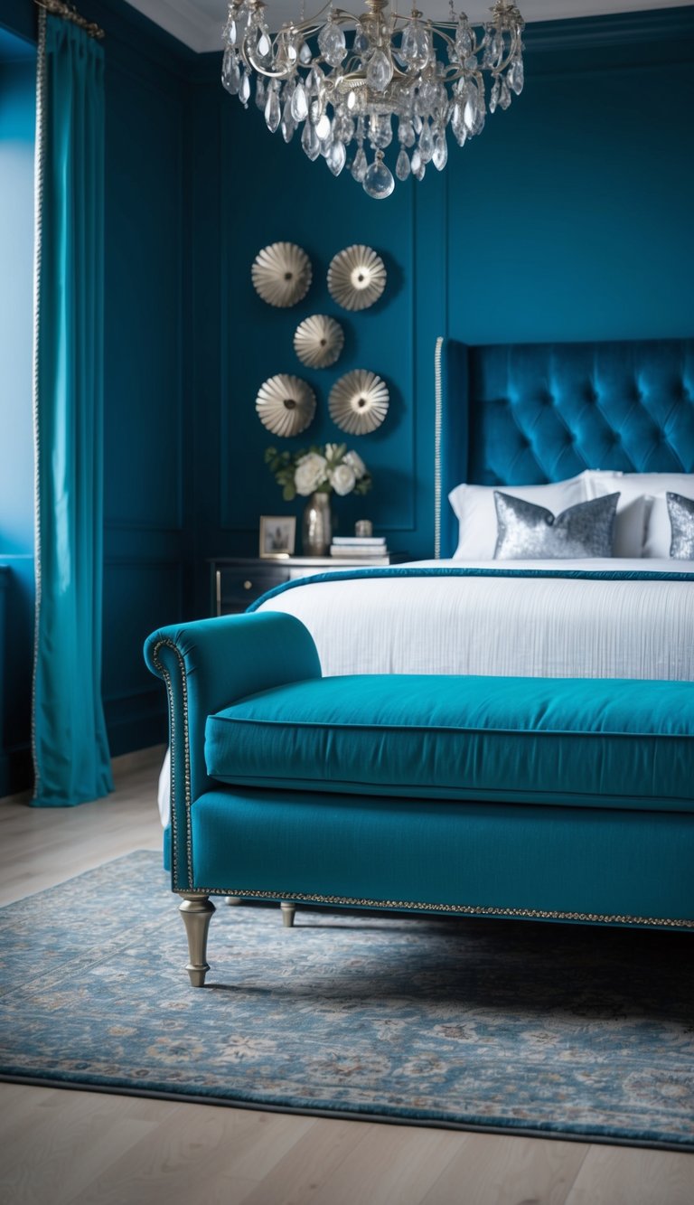 A cerulean upholstered bench sits in a serene dark blue bedroom, surrounded by rich blue walls and accented with metallic silver decor