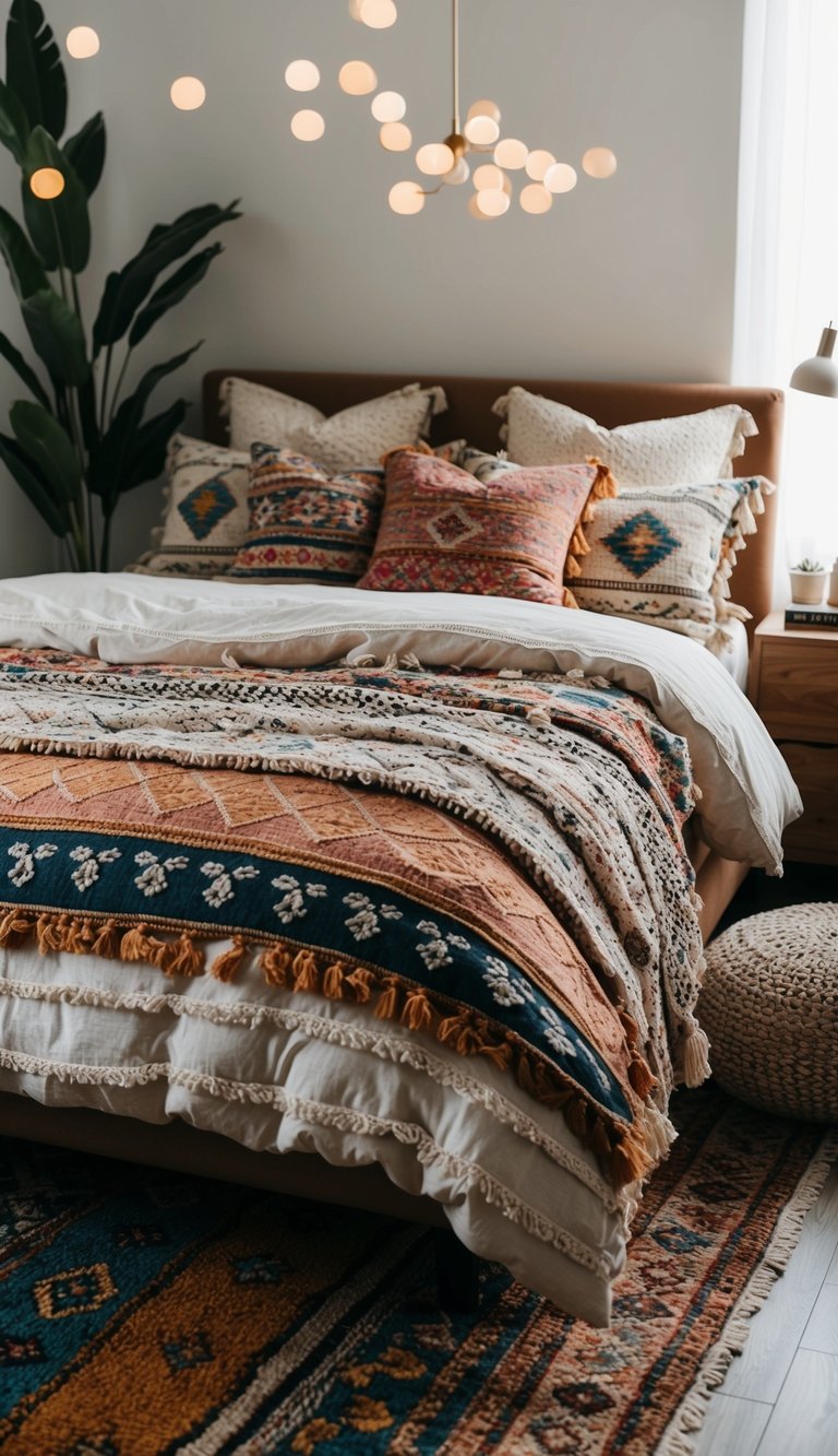 A cozy boho bedroom with layered textiles, including a mix of colorful rugs, patterned throw pillows, and a textured duvet cover