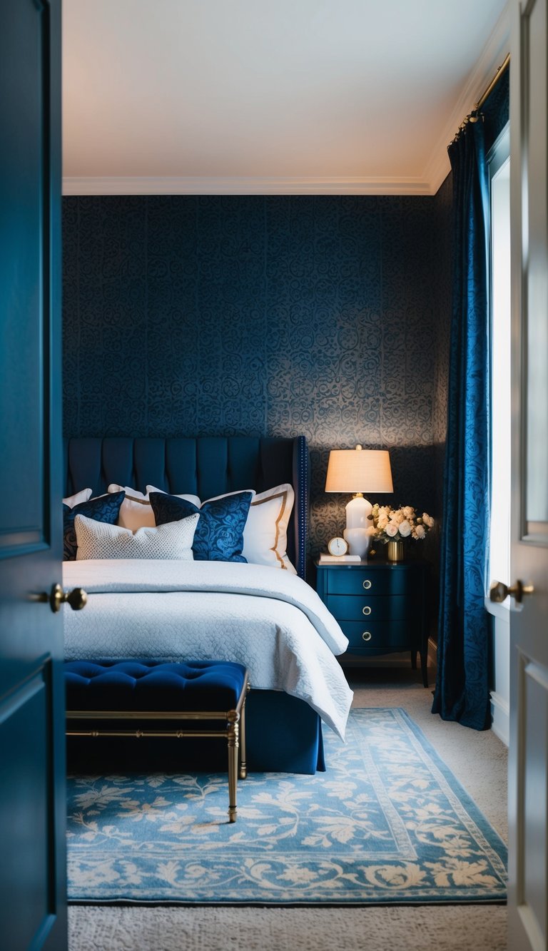 A cozy bedroom with dark blue patterned wallpaper, accented with soft lighting and elegant furnishings